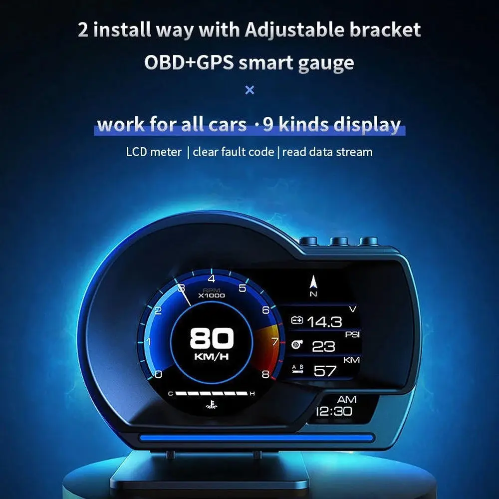 새로운 유니버설 OBD2 GPS 듀얼 시스템 미터 속도계 헤드업 디스플레이 P6 GPS HUD 다기능 LCD 계기판 디스플레이