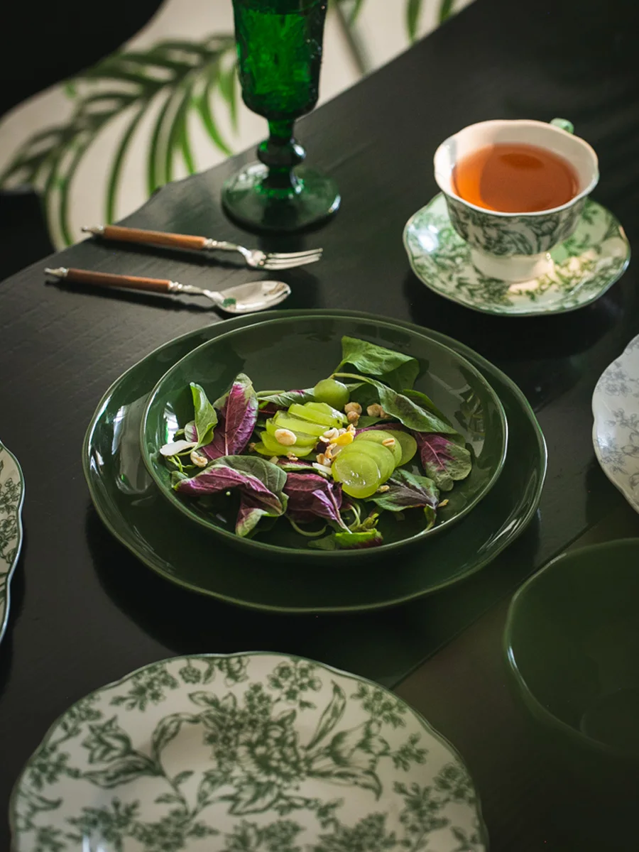 Juego de vajilla de cerámica verde Retro de estilo francés, Serie