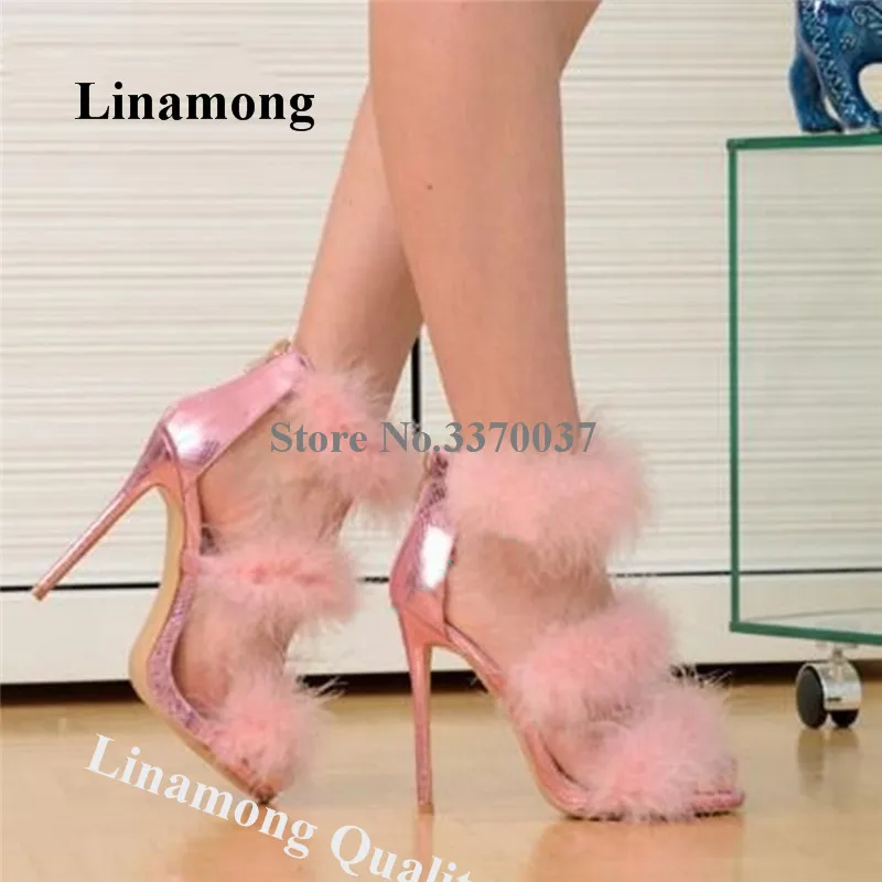 

Beautiful Fur Sandals Linamong Women Charming Open Toe Pink Silver Black Snakeskin Feather Stiletto Heel Gladiator Sandals