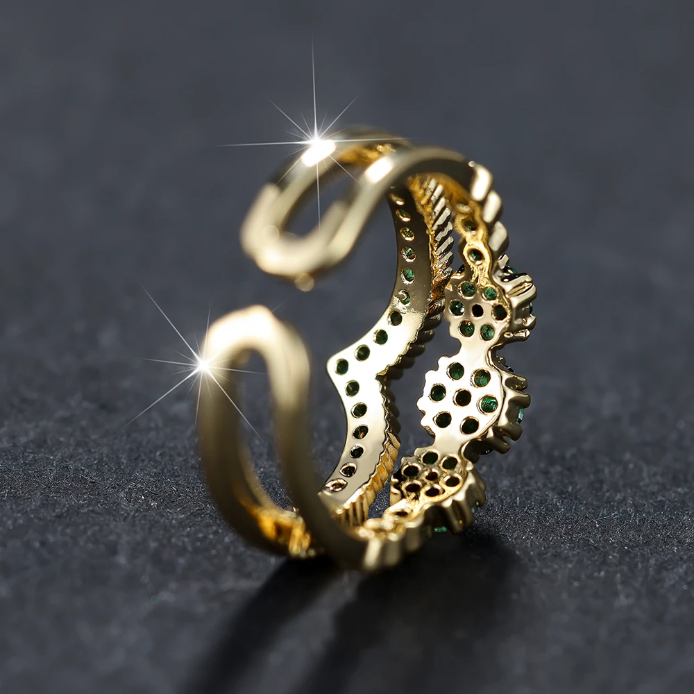 Stone Wave Rings For Women Antique Gold Color Zircon Flower Wedding Bands Adjustable Finger Ring CZ crystal rings,zircon rings,stone rings,fashion rings,gold rings,wedding rings,fashion ring,finger rings,metal rings