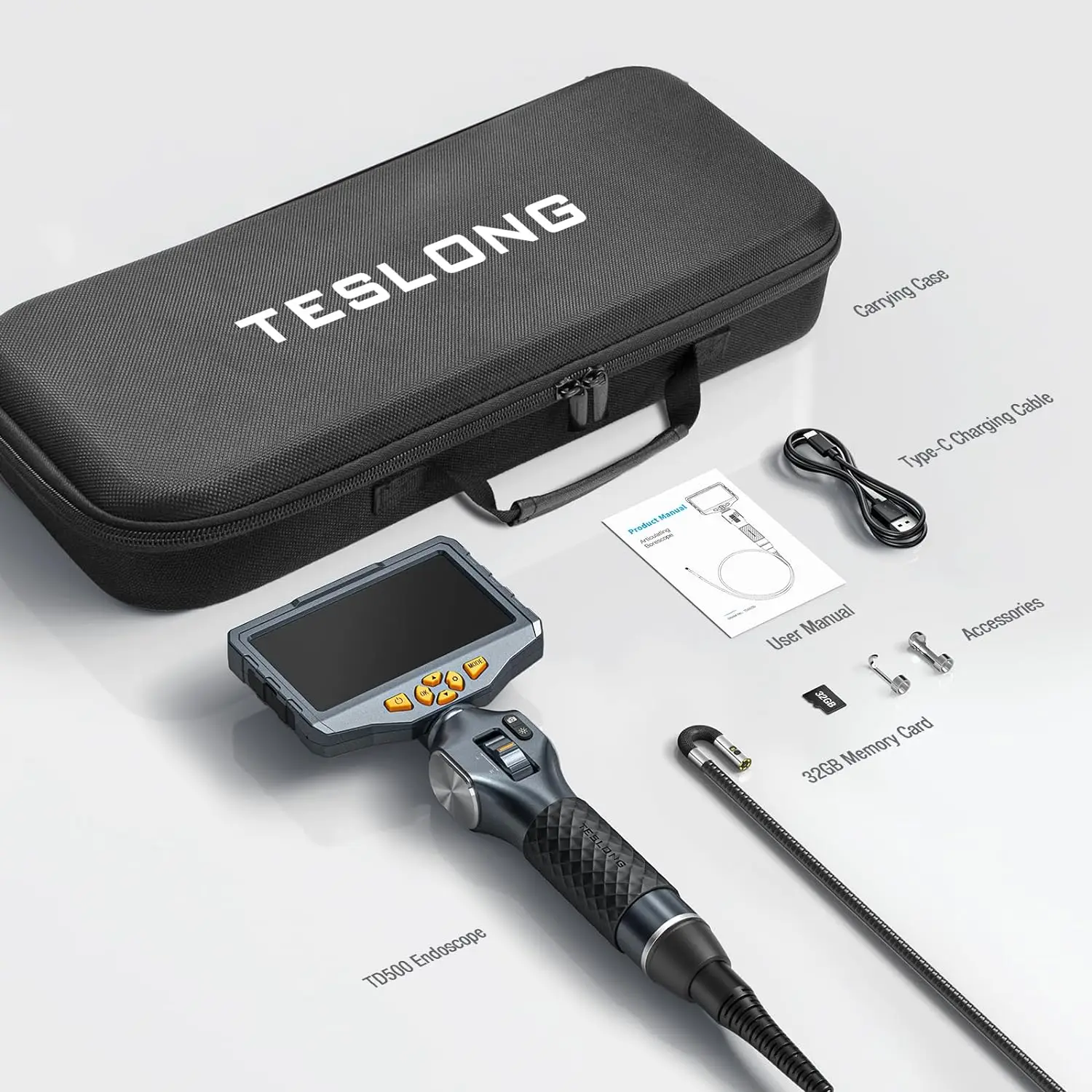 TESLONG TD500 6.5MM Dual Lens Articulating Borescope 2.0MP 5 Inch IPS Two Way 360° Steering Endoscope Camera with WIFI 6
