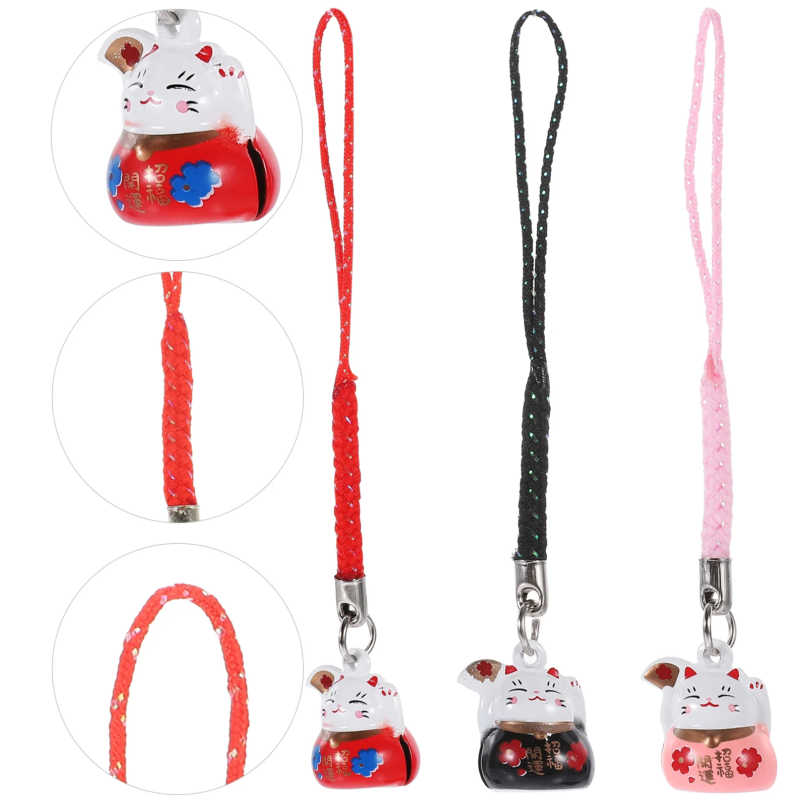 행운의 고양이 펜던트 포춘 키체인, 휴대폰 참, 모바일 스트랩, 랜야드 체인, 행잉 장식, 백 장식, 3 개