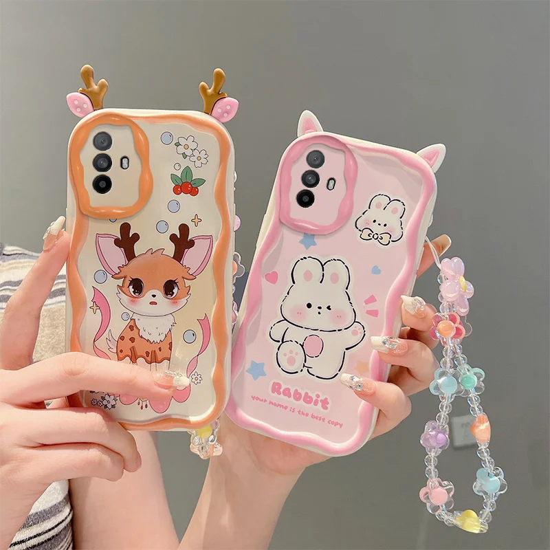 

Cute Ears Creamy Cartoon Animals Wavy Edge With Bracelet Phone Case For Oppo A95 5G 95 Case Cover