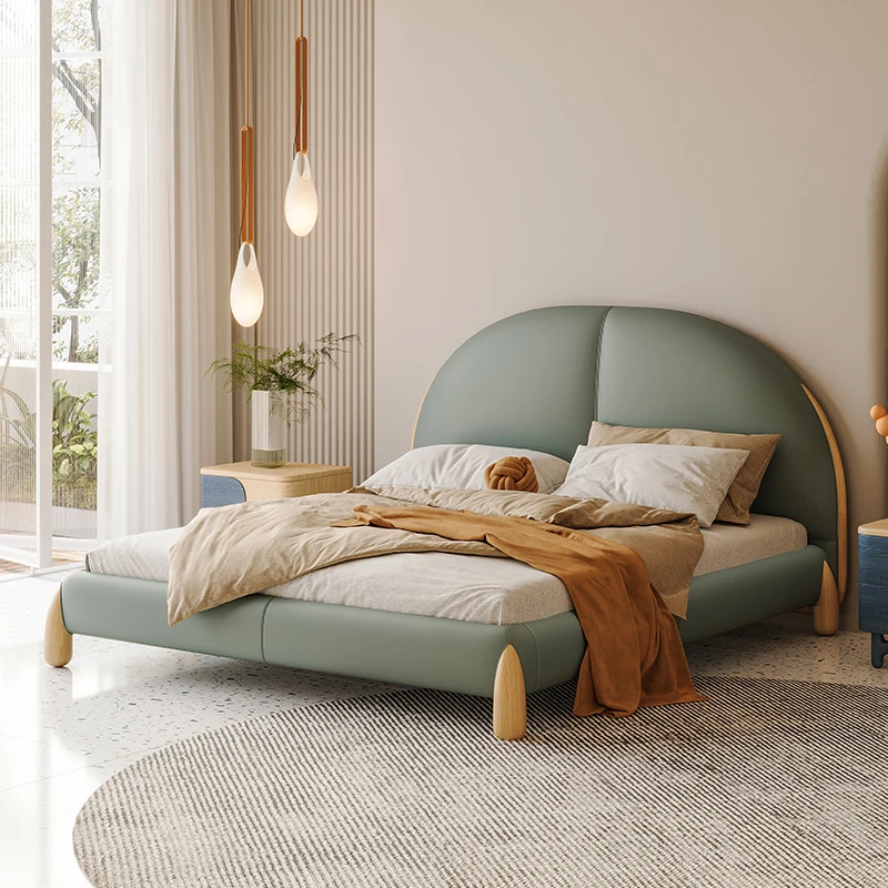 

White wax wood 1.8m double leather bed Green Nordic bed Modern simple master bedroom upholstered solid wood king bed