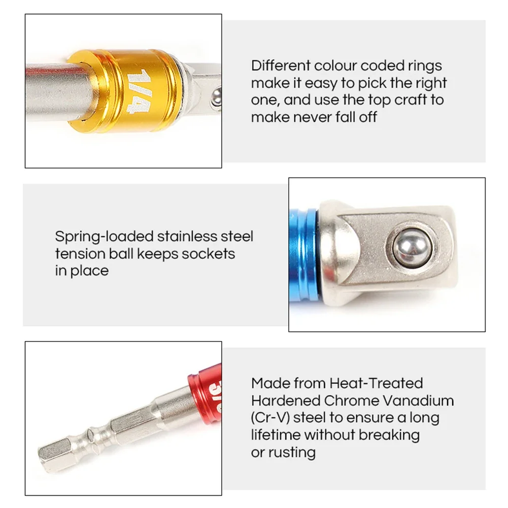 Drill Socket Adapter 1/4" Hex Shank Wrench Socket Adapter Square Head Set Extension Drill Bits Bar Power Tools 1/4 3/8 1/2 2