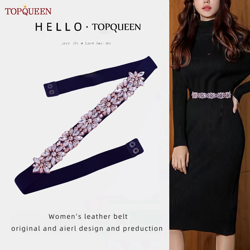 TOPQUEEN S89-RG-B Fashion Luxury Black Elastic Belt Rose Gold Rhinestone Women Dress Decoration Evening Dress Sash