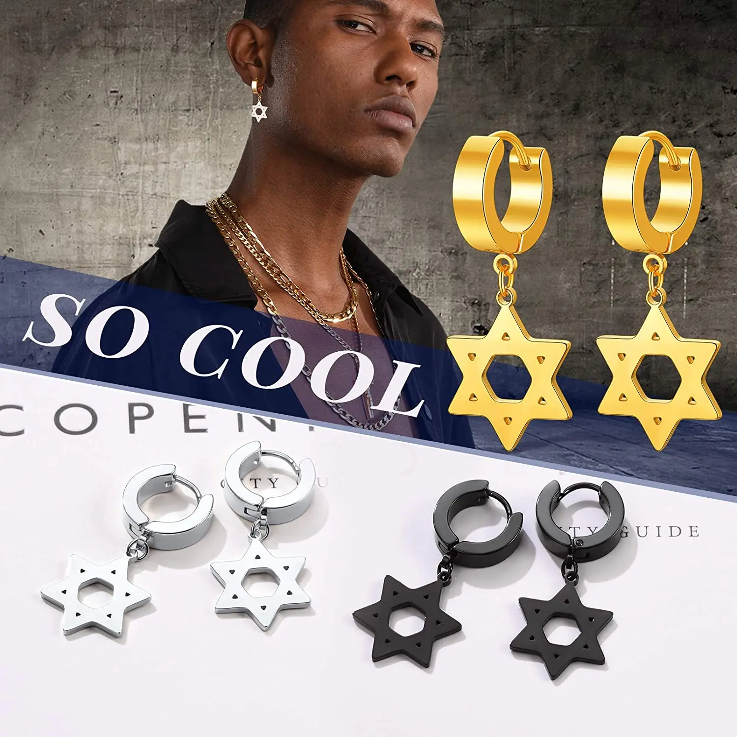 PROSTEEL Star Hoop Earrings Dangle For Women Trendy Black/Gold Plated Stainless Steel Punk Jewelry Hypoallergenic