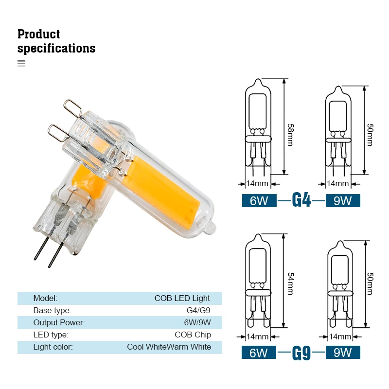 Фото Светодиодная лампа G9 Brightest, 10 шт./лот, G4, 220 В переменного тока, 230 В, 240 в, 6 Вт, 9 Вт, стеклянная COB Светодиодная лампа, сменный галогенный светильник с теплым/холодным белым светом №3
