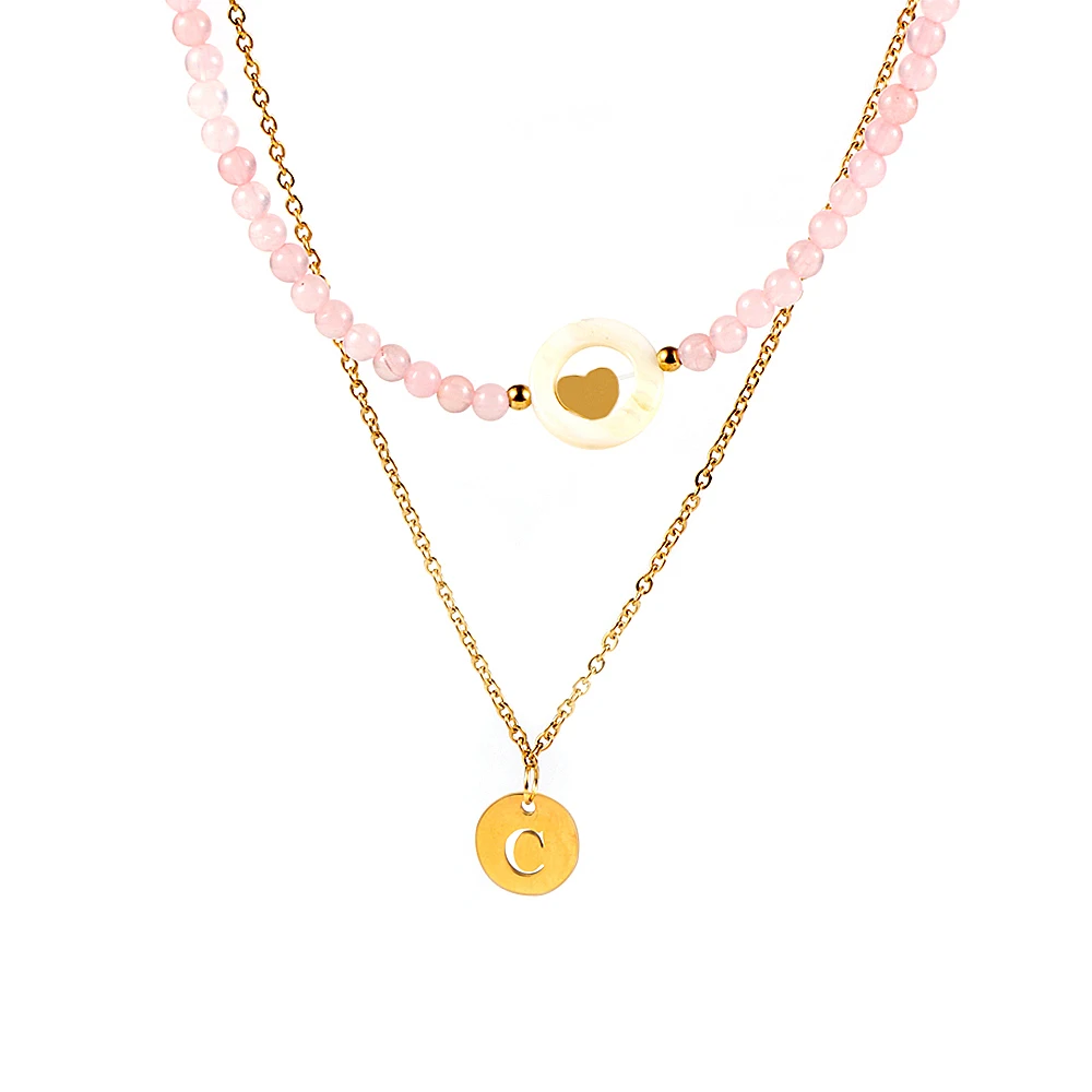 

BOHO 2 Layered Necklace Women Natural Gemstone Bead Choker Stainless Steel Chain Round Coin Initial Letter Pendant Colliers