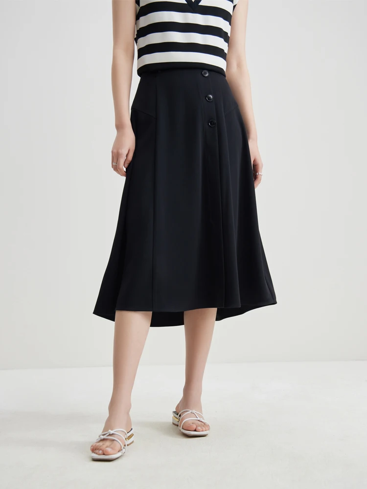 DUSHU Elegant Minimalist High Waisted Slimming Skir Summer French Agile A-line Skirt Black Women Casual Loose Skirts 24DS82115 dushu denim blue a line loose women skirts high waist button decoration women casual black cotton jean frayed denim skirt