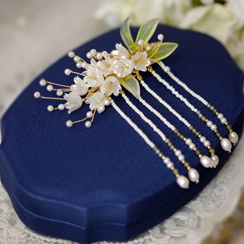 FXLRY Original Handmade Natural Pearl Elegant Lily Of The Valley Flowers Hairpin Side Clip Women``s Side Clip Headdr