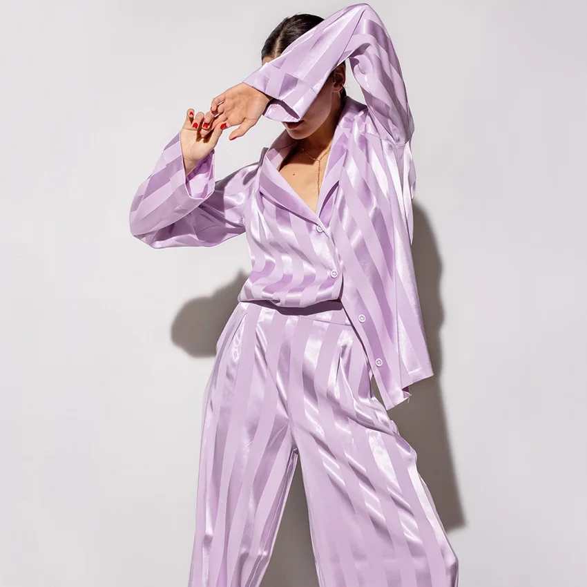 

Women's Long Sleeve Pajamas Set Sleepwear Loose Purple Striped Rayon Silk Home Suit Luxury Trousers 2Pcs Loungewear Nightwear