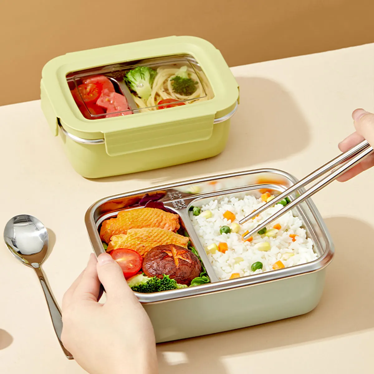 304 스테인레스 스틸 도시락통 어린이 학생용 싱글/더블 컴파트먼트 밀폐형 휴대용 도시락 용기 전자레인지 사용 가능