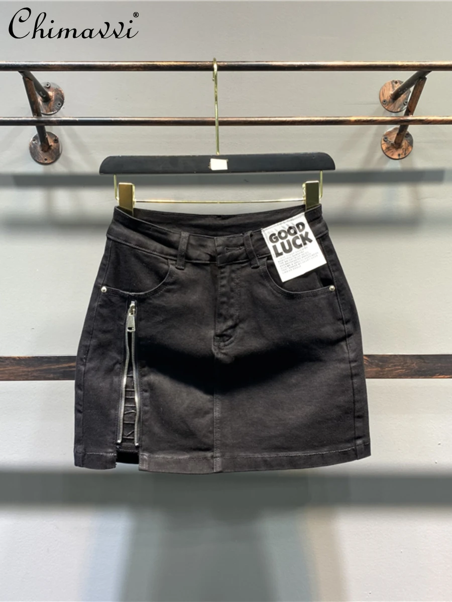 Black Denim Split Skirt Women 2024 Summer New Fashion High Waist Patch Zipper Sliding Sheath A-Line Skirt Fashion Mini Skirts