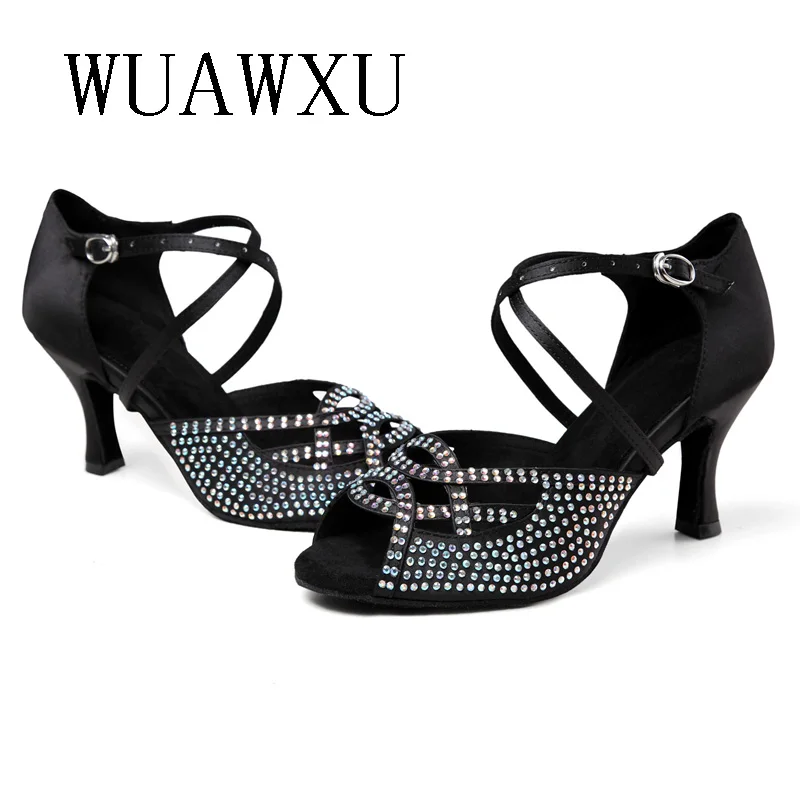 NATASHA Black Satin Inlaid Diamond Latin Dance Shoes Women's 2023 New Soft Sole Dance Sandals Summer Dance Medium High Heels