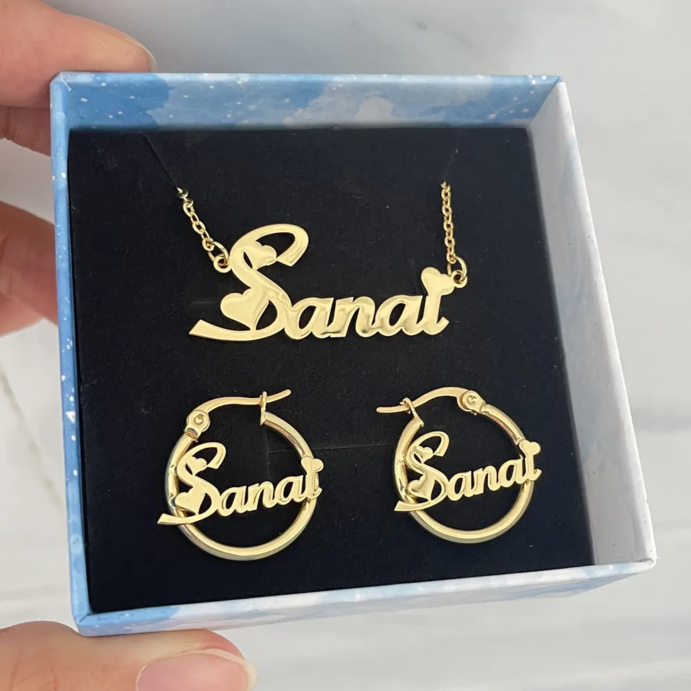 

Lulu's Girls Custom Name Jewelry Set 20mm Mini Hoop Earrings Cute Personality Letter Nameplate Necklace Stainless Steel Gift