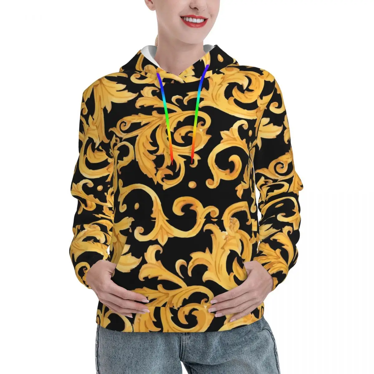 

Baroque Print Loose Hoodies Womens Gold Floral Outerwear Hoodie Spring Aesthetic Graphic Hooded Shirt Big Size