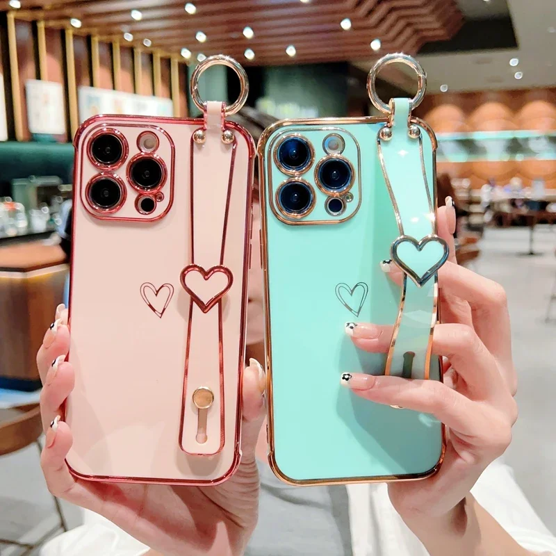 Soft Love Heart Wrist Strap Case For iPhone 16 15 14 13 12 11 Pro