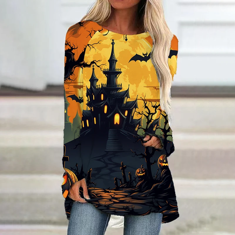 

2023 new ladies long -sleeved dress castle 3D printed lady long -sleeved dress Halloween trendy casual lady long -sleeved dress