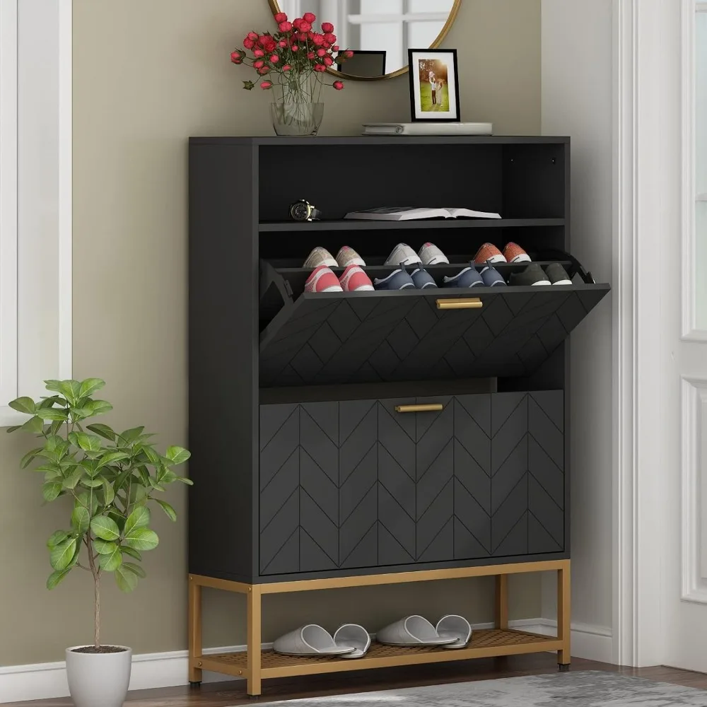 

Shoe Cabinet, Free Standing Tipping Bucket Shoe Rack Organizer with 2 Flip Drawers,Entryway Narrow Shoe Storage with Shel