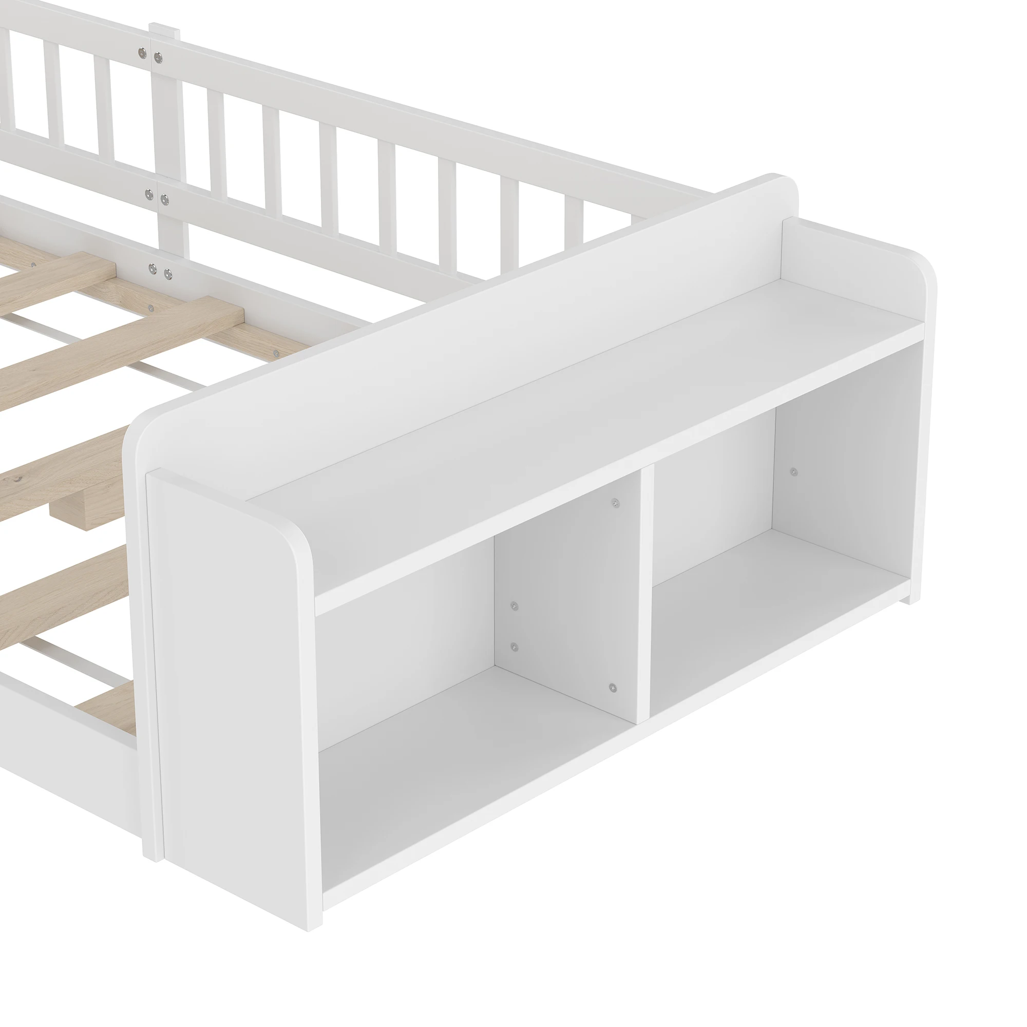 Holzbett, Kinderbett, Kiefernholz, offener Stauraum, Regale, Aufbewahrungsbox, ohne Matratze, weiß – Detail 20