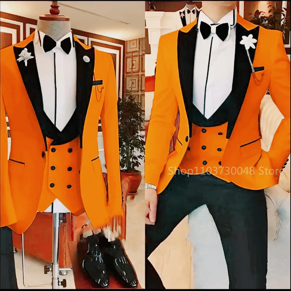 Solid Men's 3 Pieces Suit One Button Peak Lapel Jacket Vest Trousers Dinner Wedding Groom Tuxedos Slim Fit Formal Business Suits