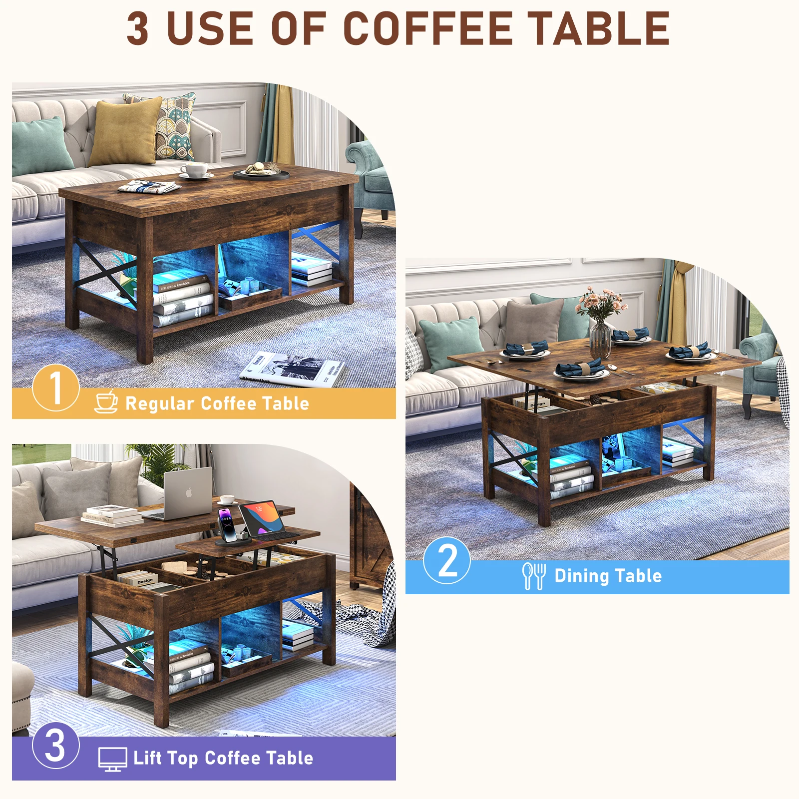 Multi-Functional lift top Coffee Table with Storage, living room rectangle center table with LED Lights & Charging Station