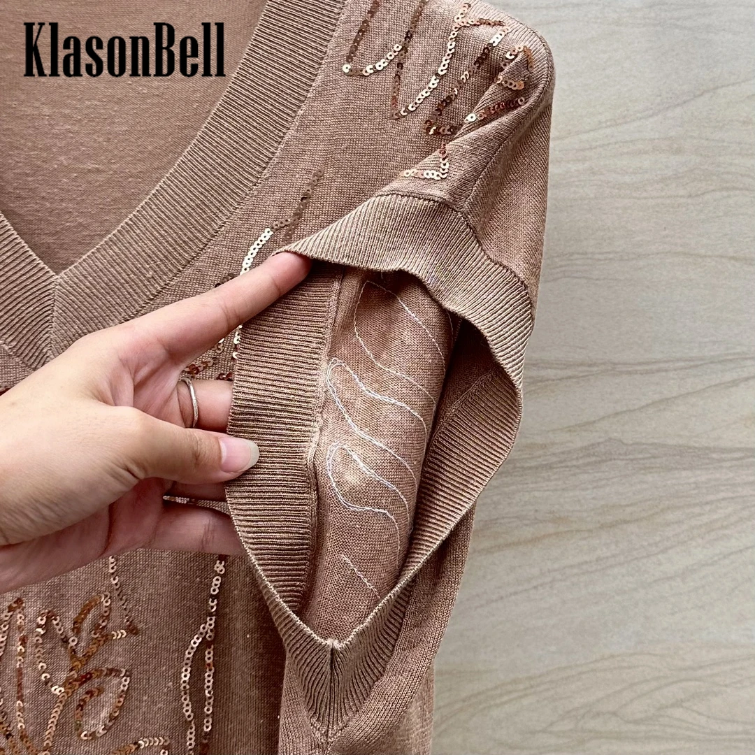 5.7 KlasonBell Fashion Klasyczny haft Cekiny Lniana cienka dzianina Top Odzież damska Luźny pulower z dekoltem w szpic