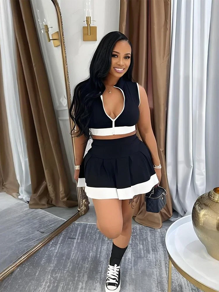 Wmstar Two Piece Sets Women  Sleeveless Zip Up Top with Short Skirt Set Patchwork Color Matching Suit New in Summer 2025