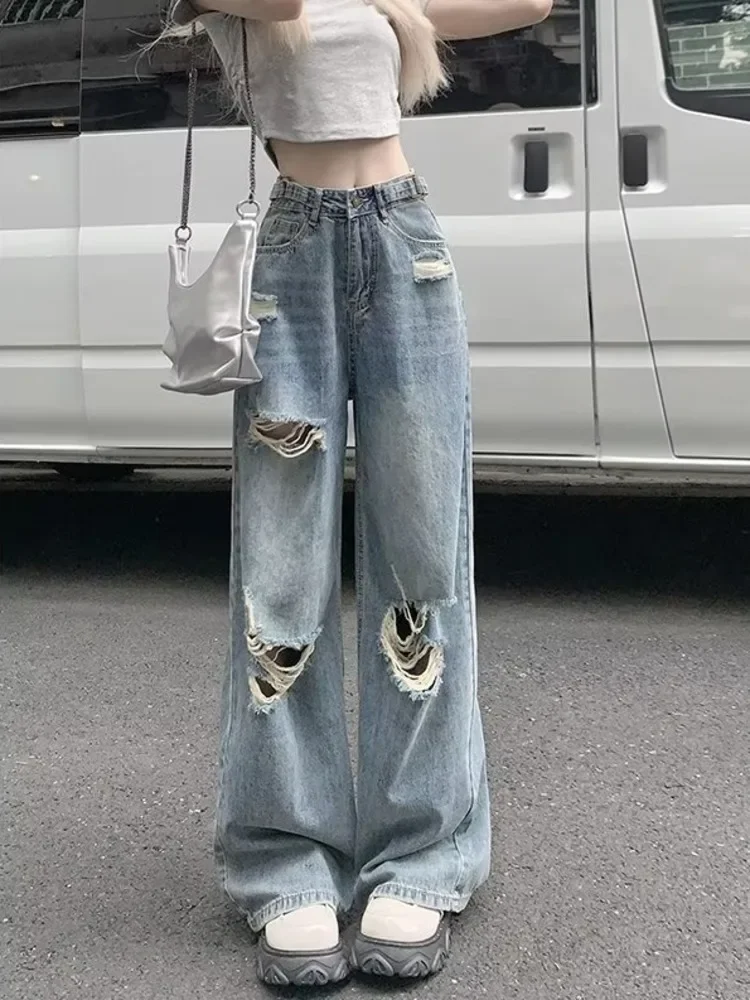 

Retro Straight Denim Jeans With Summer Holes, High Waist, Slimming And Loose Fitting Wide Leg Floor Long Pants, Women's Jeans