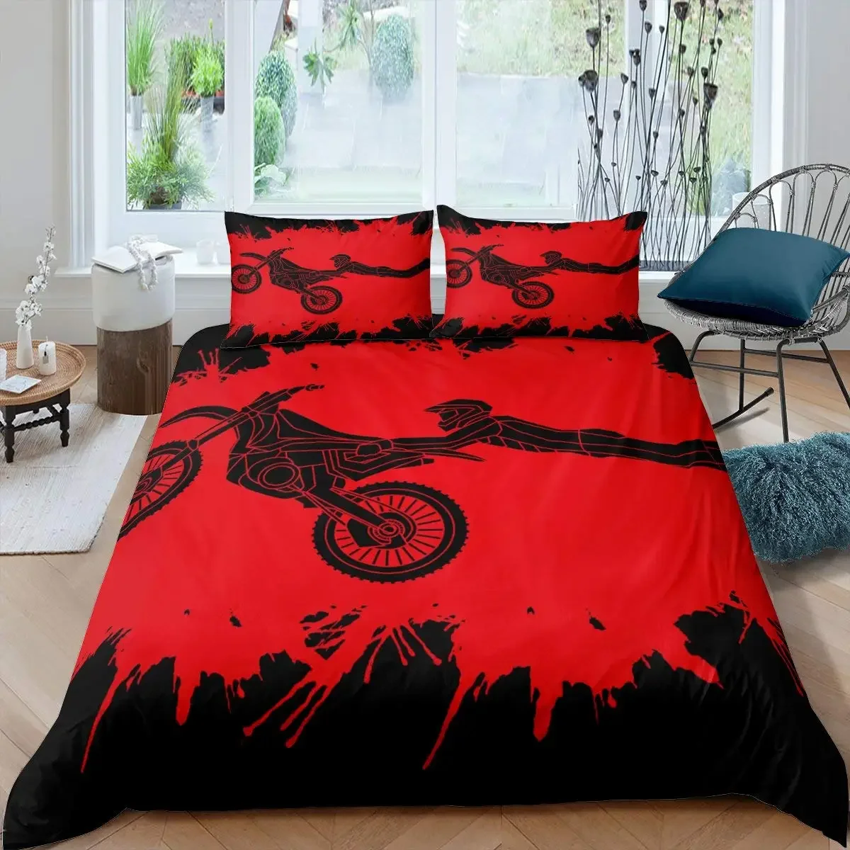 3D Motocross Rider Duvet Cover Set Microfiber Red Black Dirt Bike Extreme Sports Theme Motorcycle Pattern Bedding Set King Size