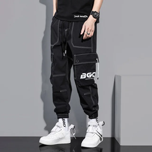 New Black Cargo Pants Hip Hop Joggers Men Loose Harem Pants Multi-pocket Ribbon Trousers Casual Streetwear Sport Pants for Men black