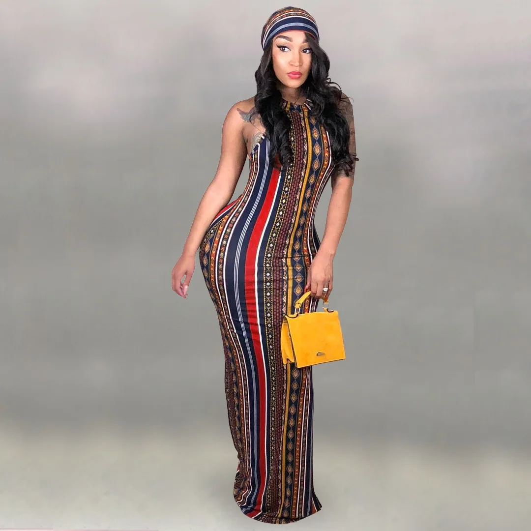 

Women's Clothing Fashion Sexy Stripe Long Dress African Woman Bohemia Printing Tight Hip Wrap Bodycon Dress (including Headscarf