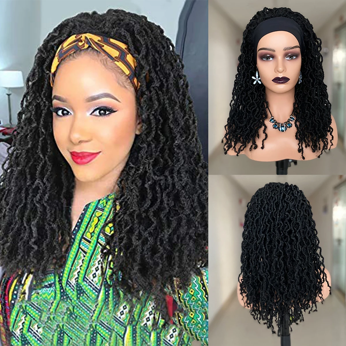 Dreadlocks Headband Synthetic Wig Box Braid Wigs For Black Women Faux Locs Crochet Hair Wigs Ombre Brown Braided Twist Wig