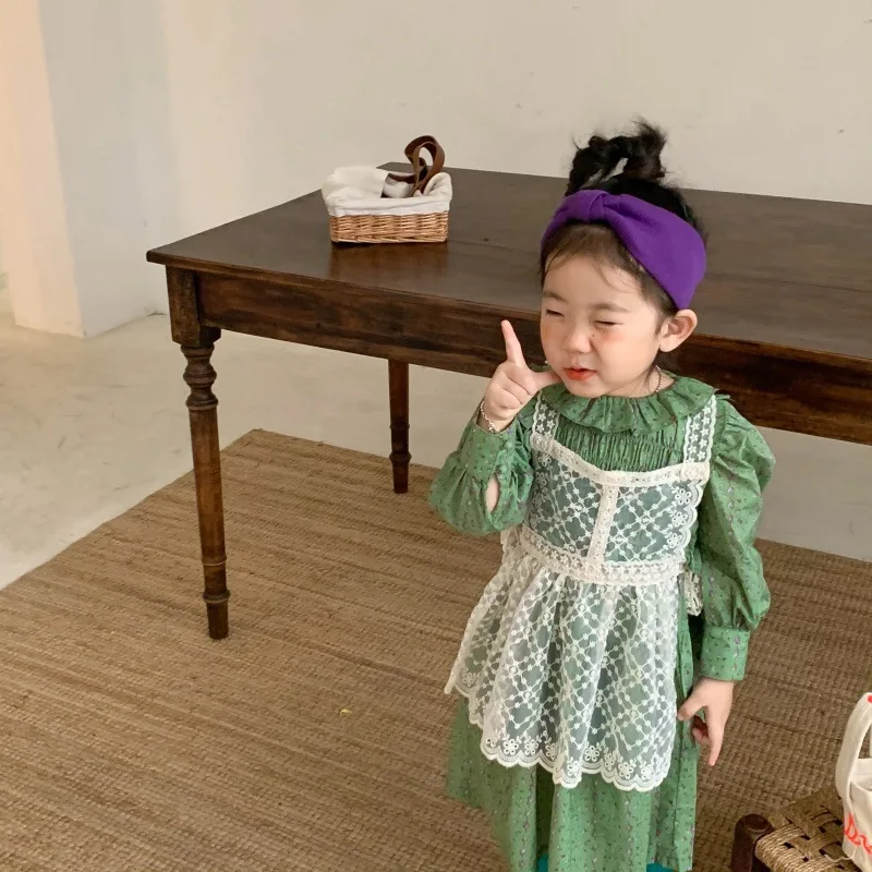 

Childrens Sets Clothing Spring Autumn Girls Forest Lotus Leaf Collar Fragmented Flowers Lace Hollowing Out Apron Korean