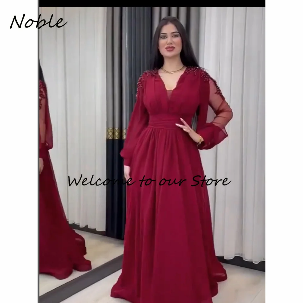 

Noble Simple V-Neck Formal Occasion Gown Chiffon Beading Evening Dress Pleated Party Dress for WomenA-Line Long Prom Gown
