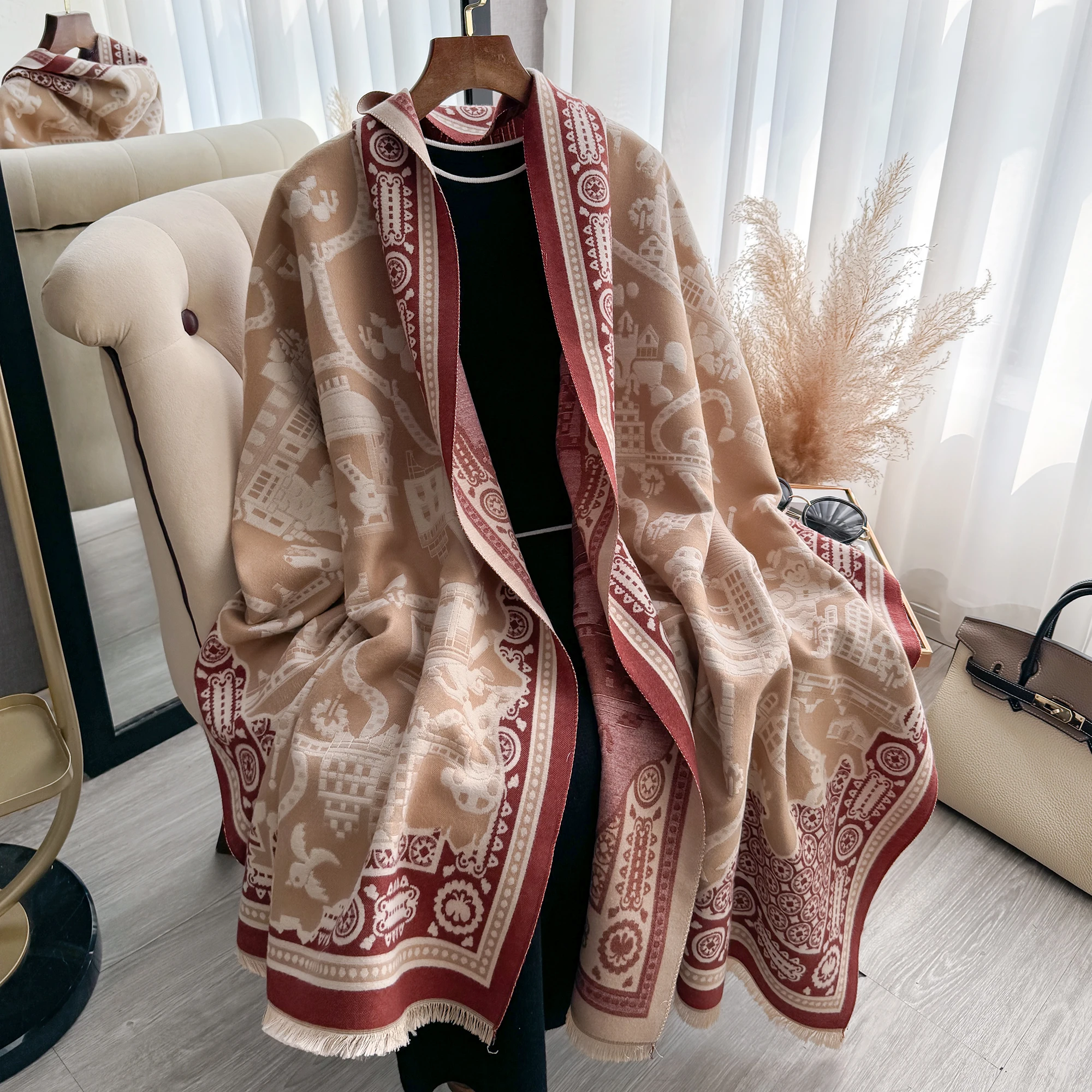 New Arabia Double Sided Tassel Scarf Mature Imitation Cashmere Warm Shawl Autumn Winter Office Coldproof Windproof Wrapped Scarf