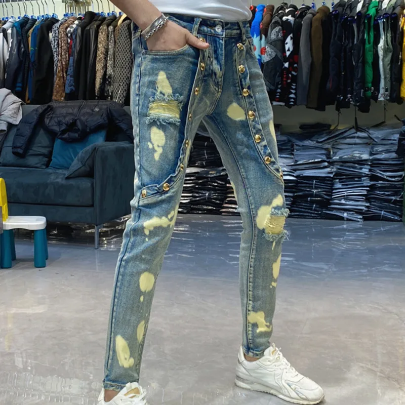 Men Hole Patchwork Jean Spring Slim Fit Men Blue Jeans Elastic Jeans For Men Motorcycle Pant Streetwear Print Ripped Jean Hombre