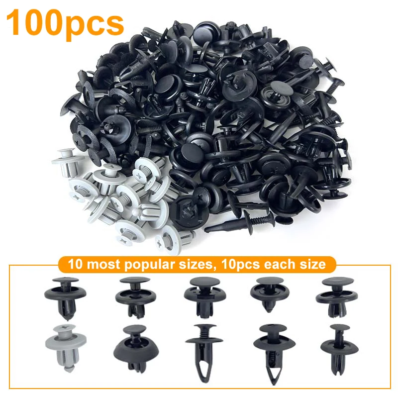 100PCS Bumper Clips & Fastener Kit - 6 Size Plastic Rivets With Removal Tools Auto Push Pins