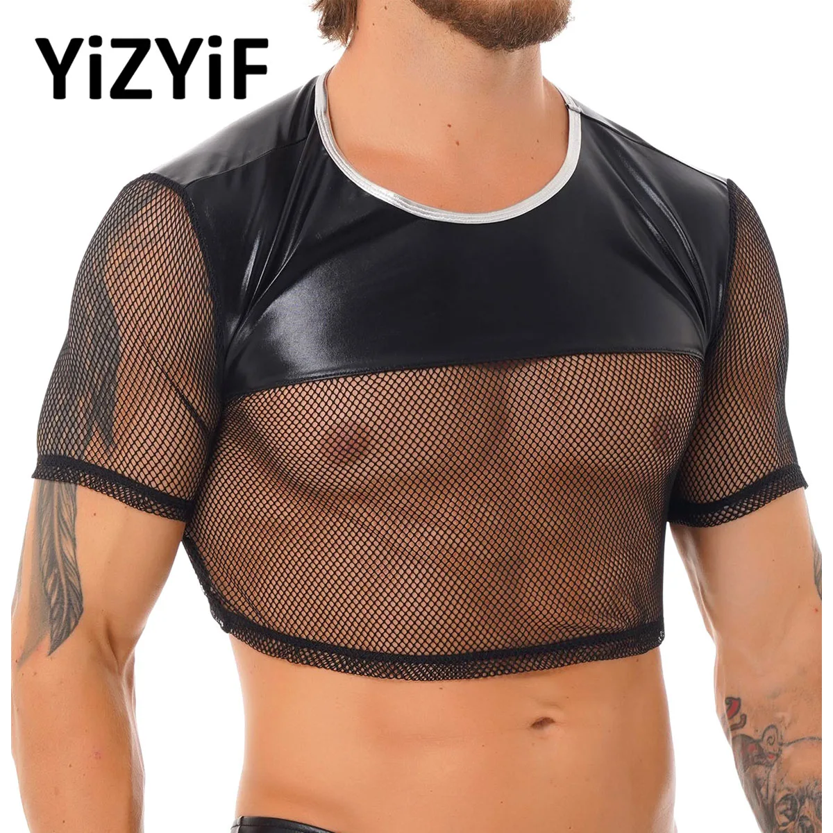 

Men See-through Mesh Fitness Tshirt Sleeveless Fishnet Shiny Metallic Patchwork Muscle Tops Workout Gym T-Shirt Vest Clubwear