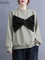 ZANZEA Casua Harajuku Sweatshirts Color-Block Long Sleeve 2025 Spring O Neck Hoodies Women Large Bowknot Loose Pullover Tops 1