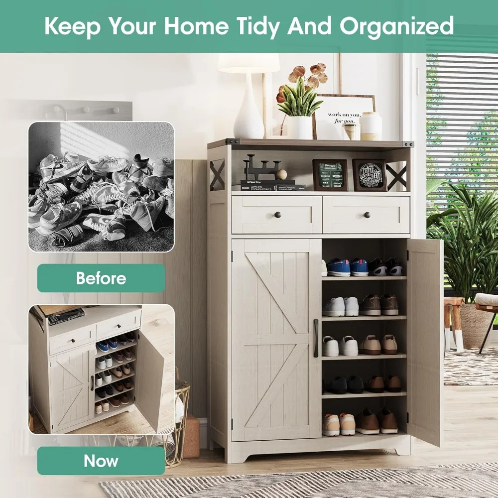 Shoe Cabinet with Doors, Farmhouse Storage Cabinet with 2 Drawers & Adjustable Shelves, Shoe Cabinet Storage Living Room 5