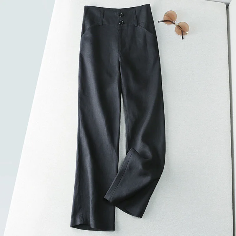 2023 Spring Summer New Solid Color High Waist Wide Leg Trousers Women Elastic Waist Zipper Button All-match Cotton Hemp Pants
