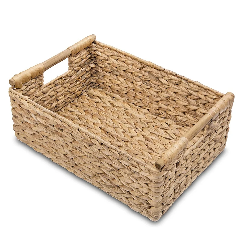 

Wicker Basket Rectangular with Wooden Handles for Shelves Water Hyacinth Basket Storage Natural Baskets for Organizing B