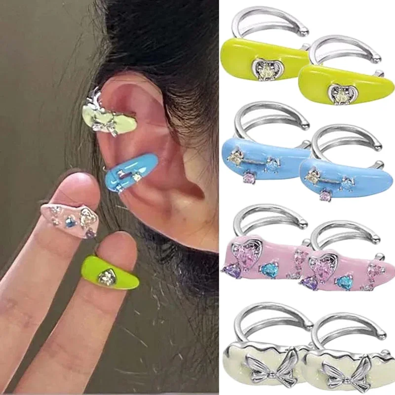 Fashion Y2K Colorful Dropping Glaze No Piercing Ear Cuff Earrings Sweet Zircon Hoop Ear Clip Earring Girls Women Jewelry 4pcs