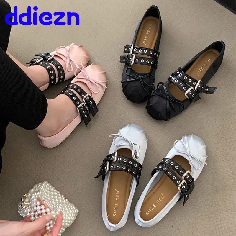 

Buckle Strap Fashion Silk Women Ballet Flats Footwear Lolita Shoes Luxury Female Butterfly-Knot Round Toe Ladies Dance Shoes