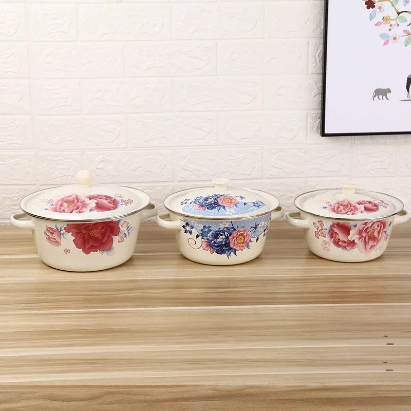 Household Thickened Enamel Soup Pot with Ears and Lid Vintage Bowls Basin Classic Enamel Cake Vegetable Container Tableware enamel tableware