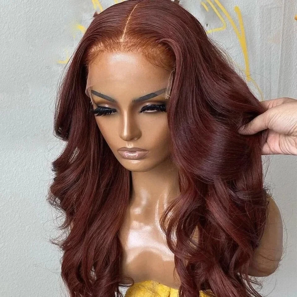 

QW Glueless Copper Red Reddish Brown 13X4 Synthetic Lace Front Wigs For Women Lace Frontal Wig Pre Plucked Hairline Hair Fiber