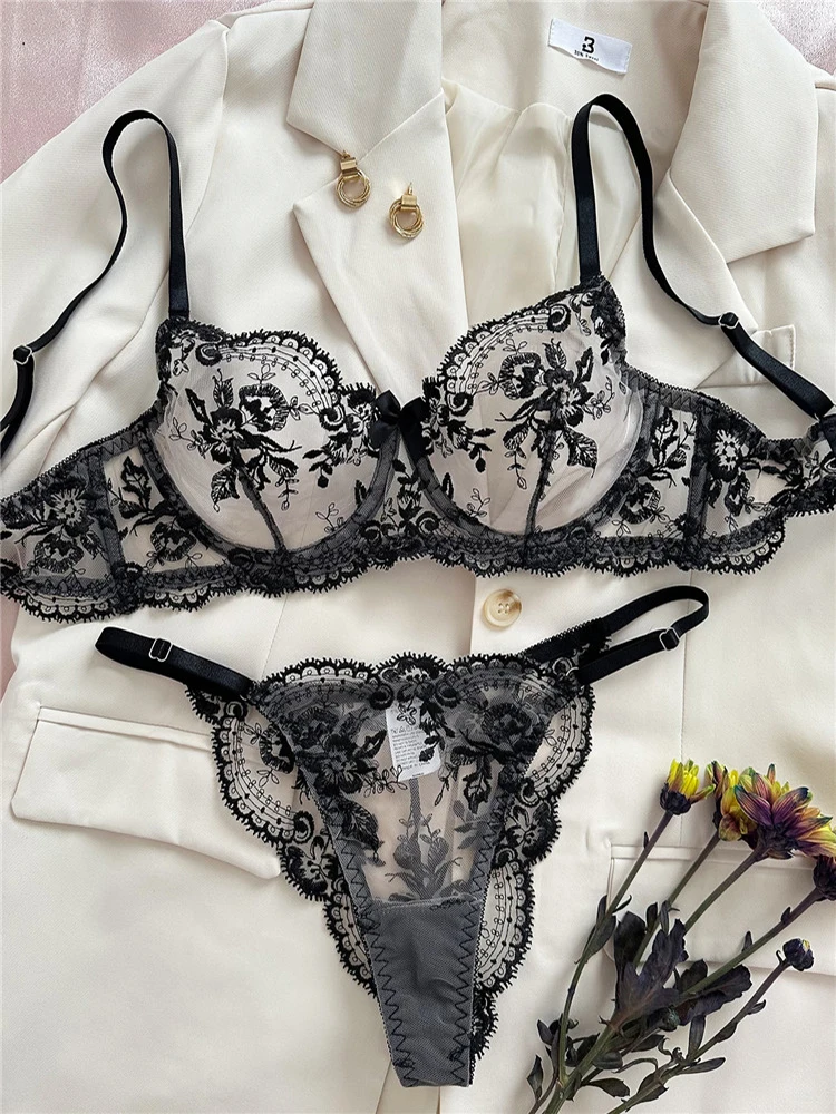 

Sexy Bra Sets for Women Romantic Lingerie Lace Embroidery Fairy Seamless Underwear See Through Exotic Sets Floral Bra Brief Set