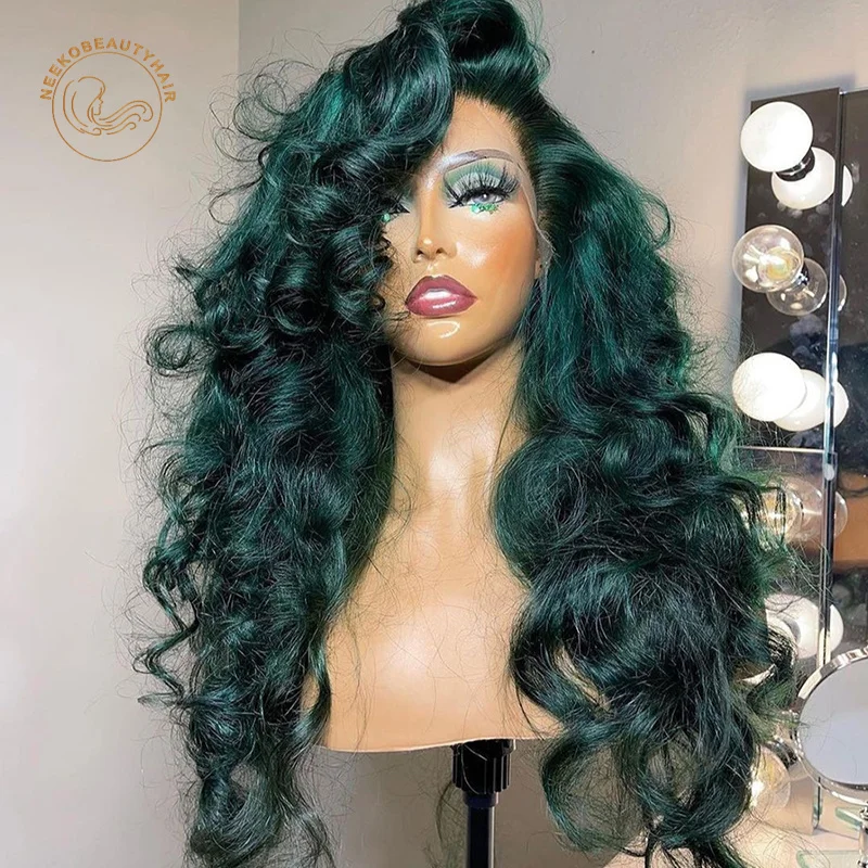 Dark Green Lace Front Wig Wavy 13x6 HD Transparent Lace Frontal Wig Blue Burgundy Colored Human Hair Wigs For Women